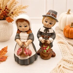 Hand-Painted Ceramic Pilgrim Boy and Girl Figurines with Apples and Roses